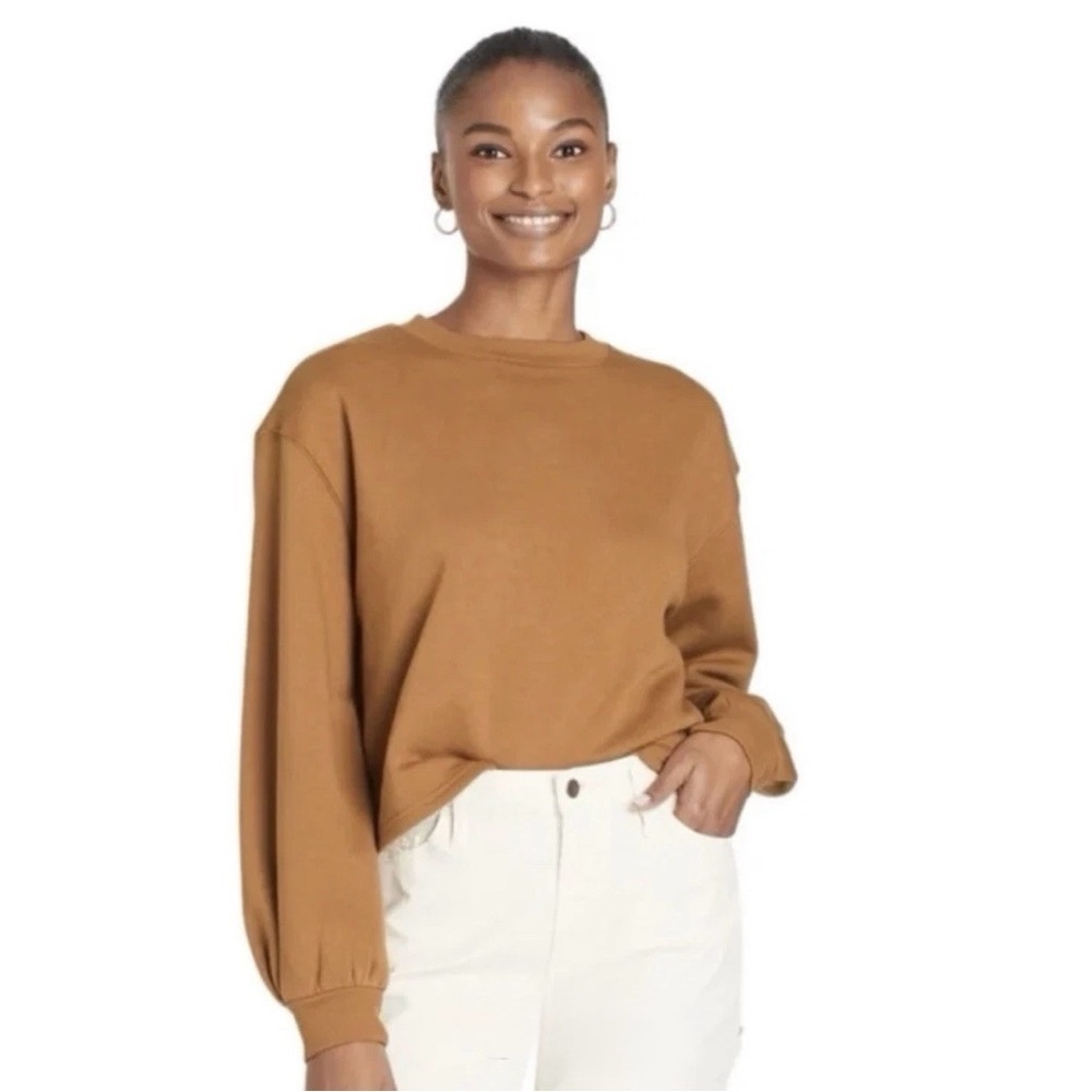 Women's Brown Fleece Crew Neck Pullover Cropped Sweater XXL Loungewear Casual - Picture 3 of 6